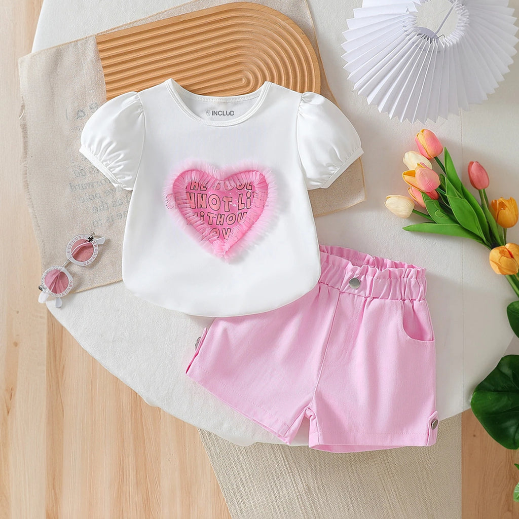 Girls White Heart Applique Puff Sleeve T-Shirt With Shorts Sets 2 pc. Sets White 2-3 Y