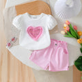 Girls White Heart Applique Puff Sleeve T-Shirt With Shorts Sets 2 pc. Sets White 2-3 Y