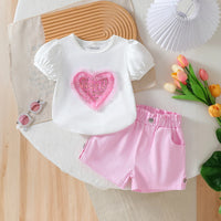 Girls White Heart Applique Puff Sleeve T-Shirt With Shorts Sets 2 pc. Sets White 2-3 Y