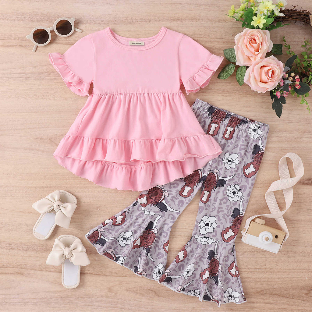 Girls Short Sleeve Top With Printed Pants