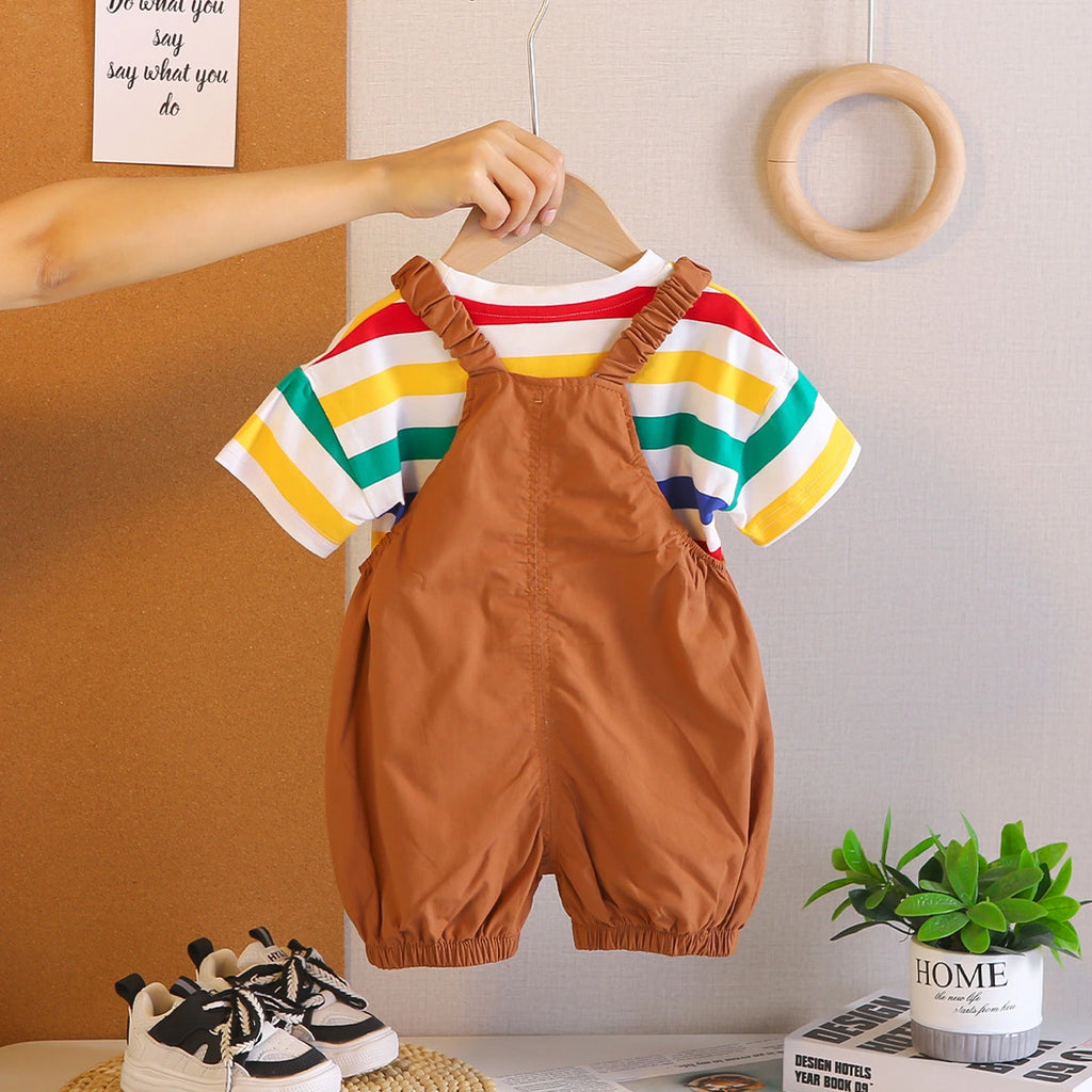 Boys Short Sleeve T-Shirt With Brown Dinosaur Applique Dungaree Sets 2 pc. Sets