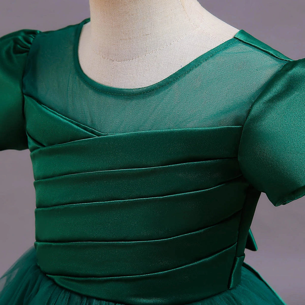 Girls Dark Green Puff Sleeve Ruffle Layered Party Wear Dress Party Dresses