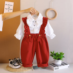 Girls Stripes Top With Red Suspenders Pants Set 2 pc. Sets Red 1-2 Y