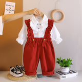 Girls Stripes Top With Red Suspenders Pants Set