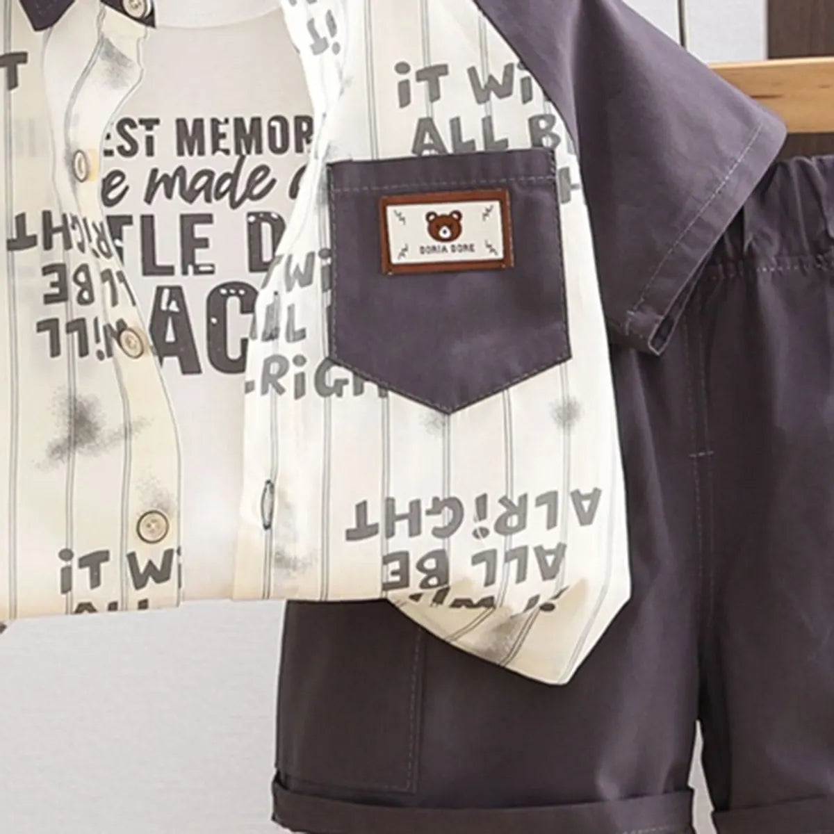 Boys Dark Grey Typographic Print Shirt With T-Shirt & Shorts Set Sets