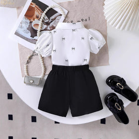 Girls White Bow Print Puff Sleeve Shirt With Elasticated Shorts Sets 2 pc. Sets