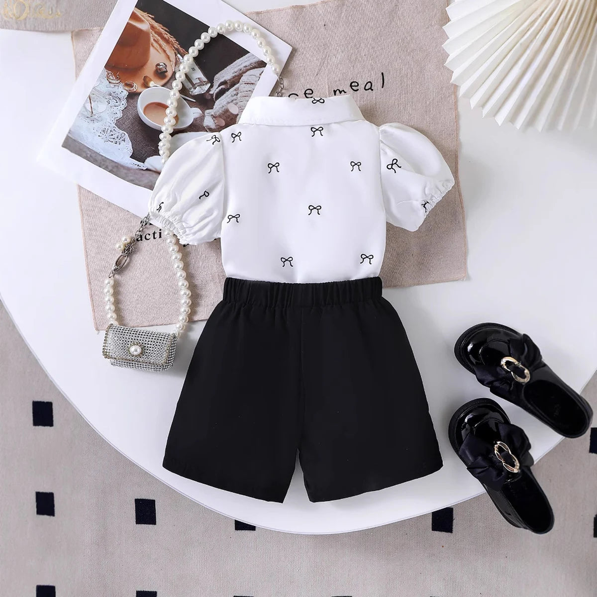 Girls White Bow Print Puff Sleeve Shirt With Elasticated Shorts Sets 2 pc. Sets