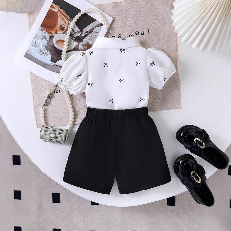 Girls White Bow Print Puff Sleeve Shirt With Elasticated Shorts Sets 2 pc. Sets