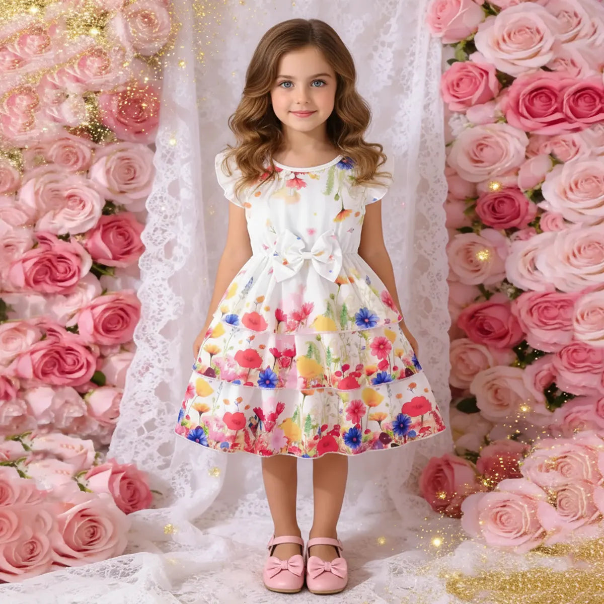 Girls White Floral Printed Fit & Flare Dress With Bow Detail Casual Dresses