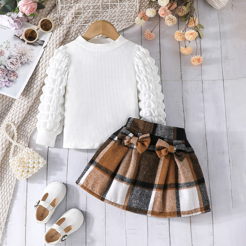 Girls Puff Sleeves Top With Brown Checked Skirt Set 2 pc. Sets