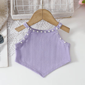Girls Lavender Pearl Embellished Crop Top With Denim Flared Pants Set Sets