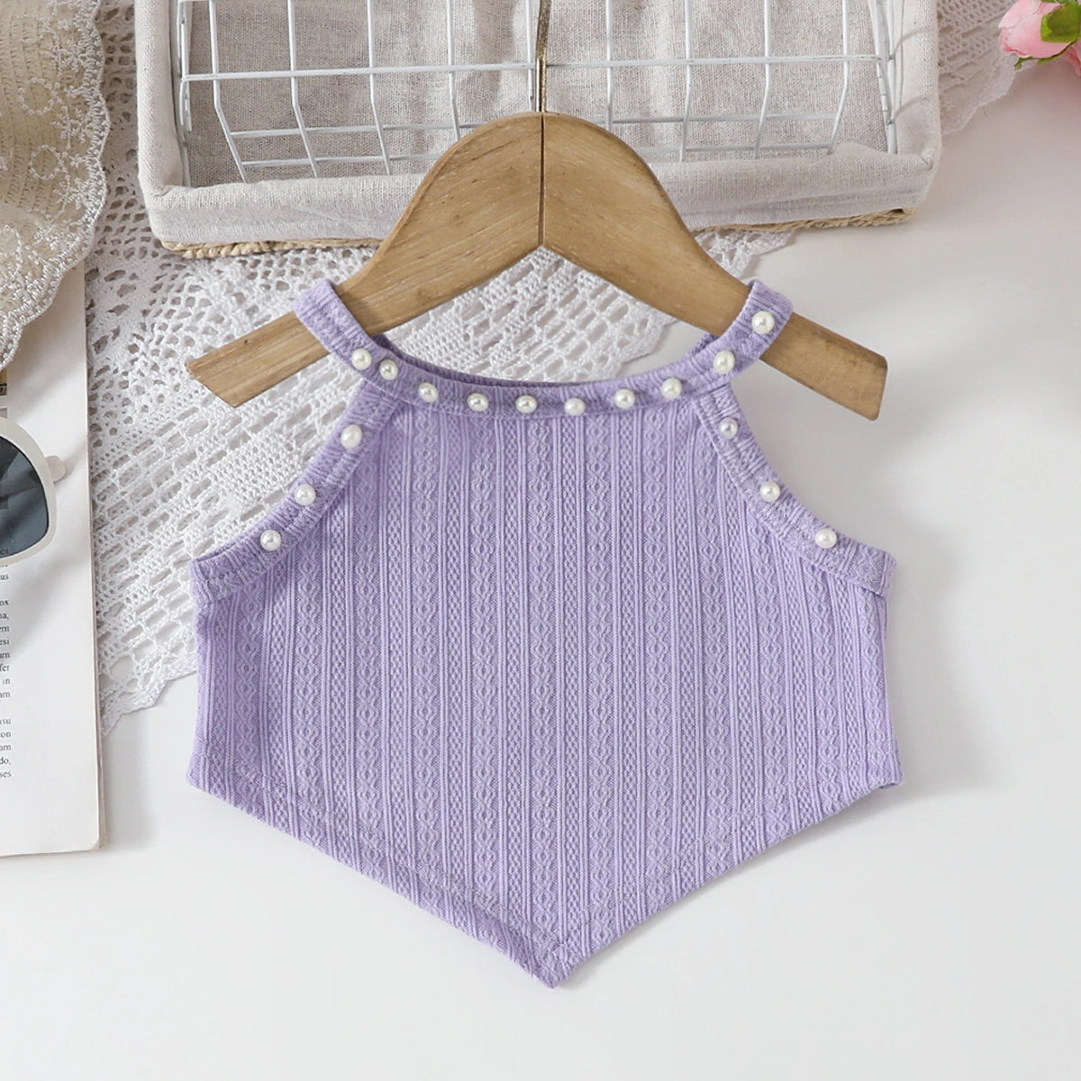 Girls Lavender Pearl Embellished Crop Top With Denim Flared Pants Set Sets