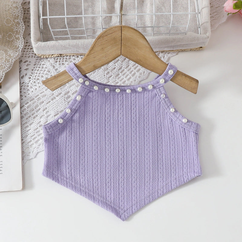 Girls Lavender Pearl Embellished Crop Top With Denim Flared Pants Set Sets