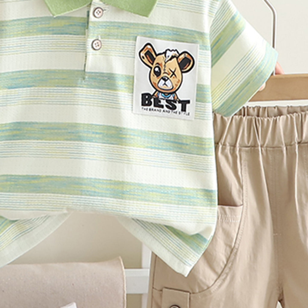 Boys Green Striped Polo T-shirt with Khaki Shorts Set Sets