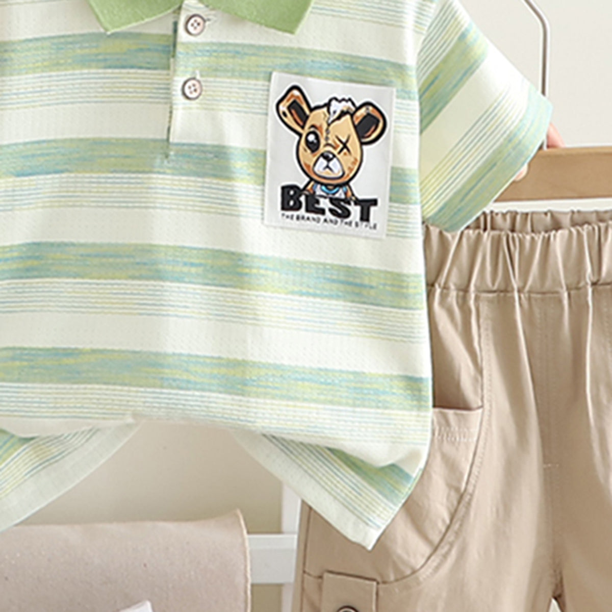 Boys Green Striped Polo T-shirt with Khaki Shorts Set Sets