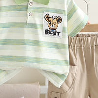 Boys Green Striped Polo T-shirt with Khaki Shorts Set Sets