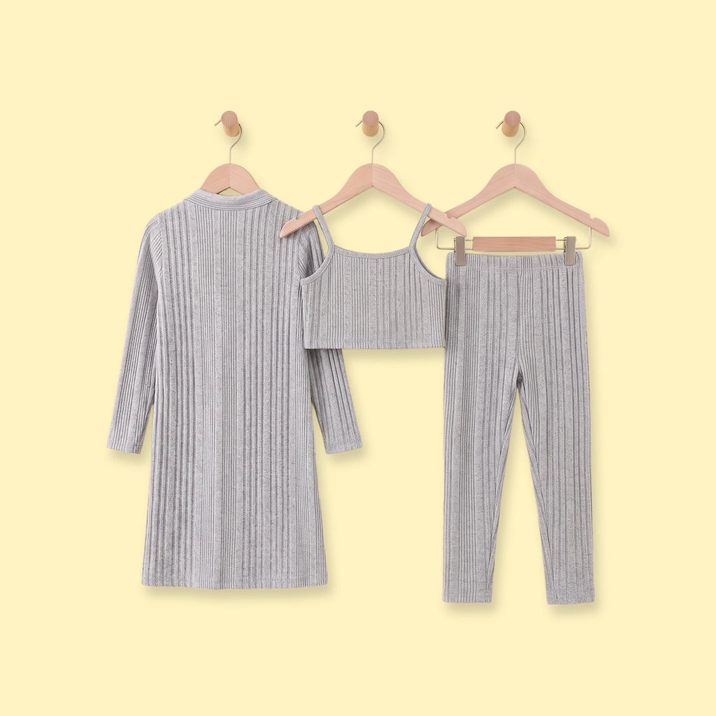 Girls Grey Textured Longline Open Front Cardigan With Cami Top & Pants Sets 3 pc. Sets