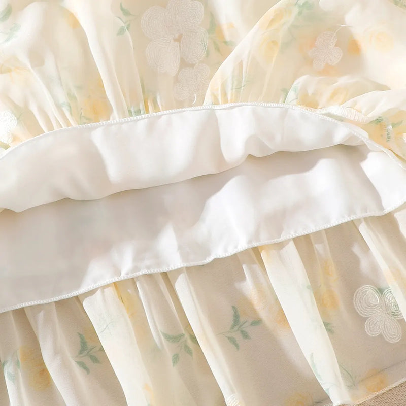 Girls Off White Floral Print Ruffe Neck Fit & Flare Dress Casual Dresses