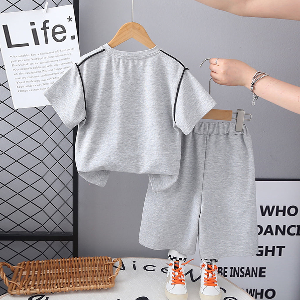 Boys Grey Solid Short Sleeves Contrast Piping T-Shirt With Shorts Set 2 pc. Sets