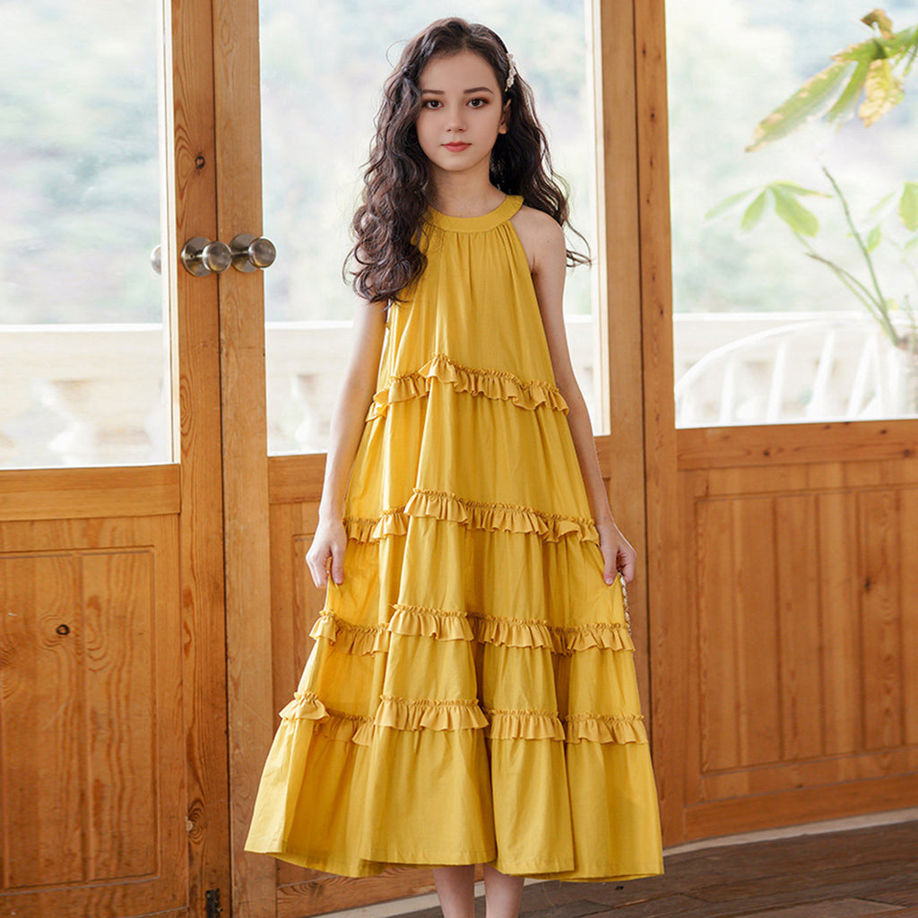 Girls Halter Neck Sleeveless Tiered Dress Casual Dresses Yellow 6-7 Y 