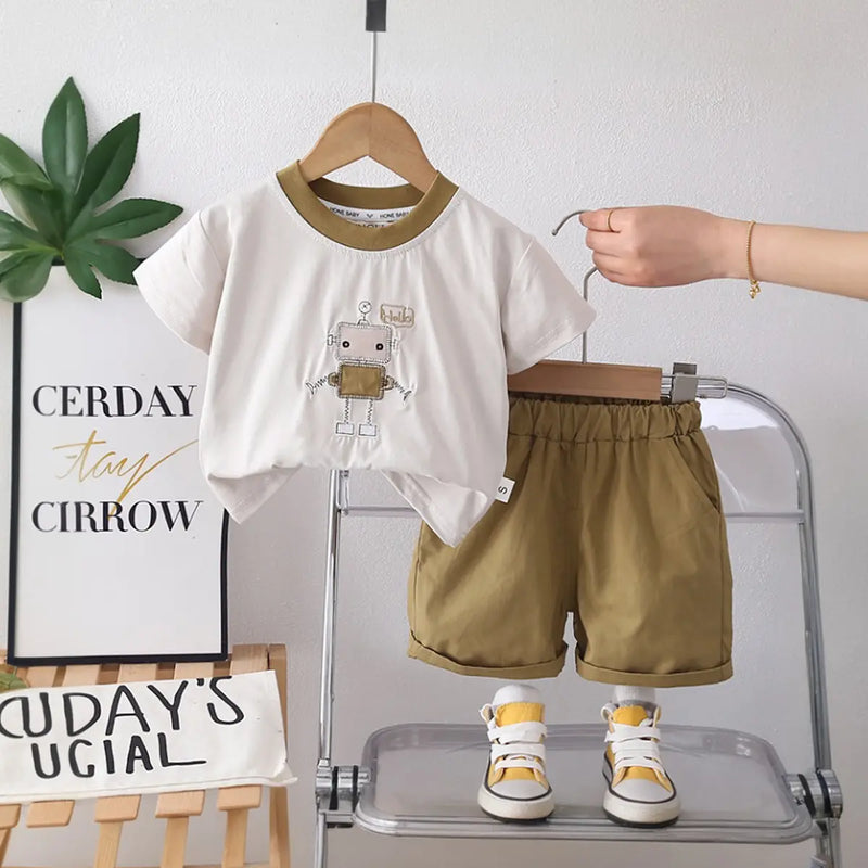 Boys Khaki Robot Embroidered T-Shirt With Shorts Sets Sets Khaki 1-2 Y