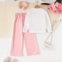 Girls White Bow Details Sweatshirt With Wide Leg Pant Sets Sets