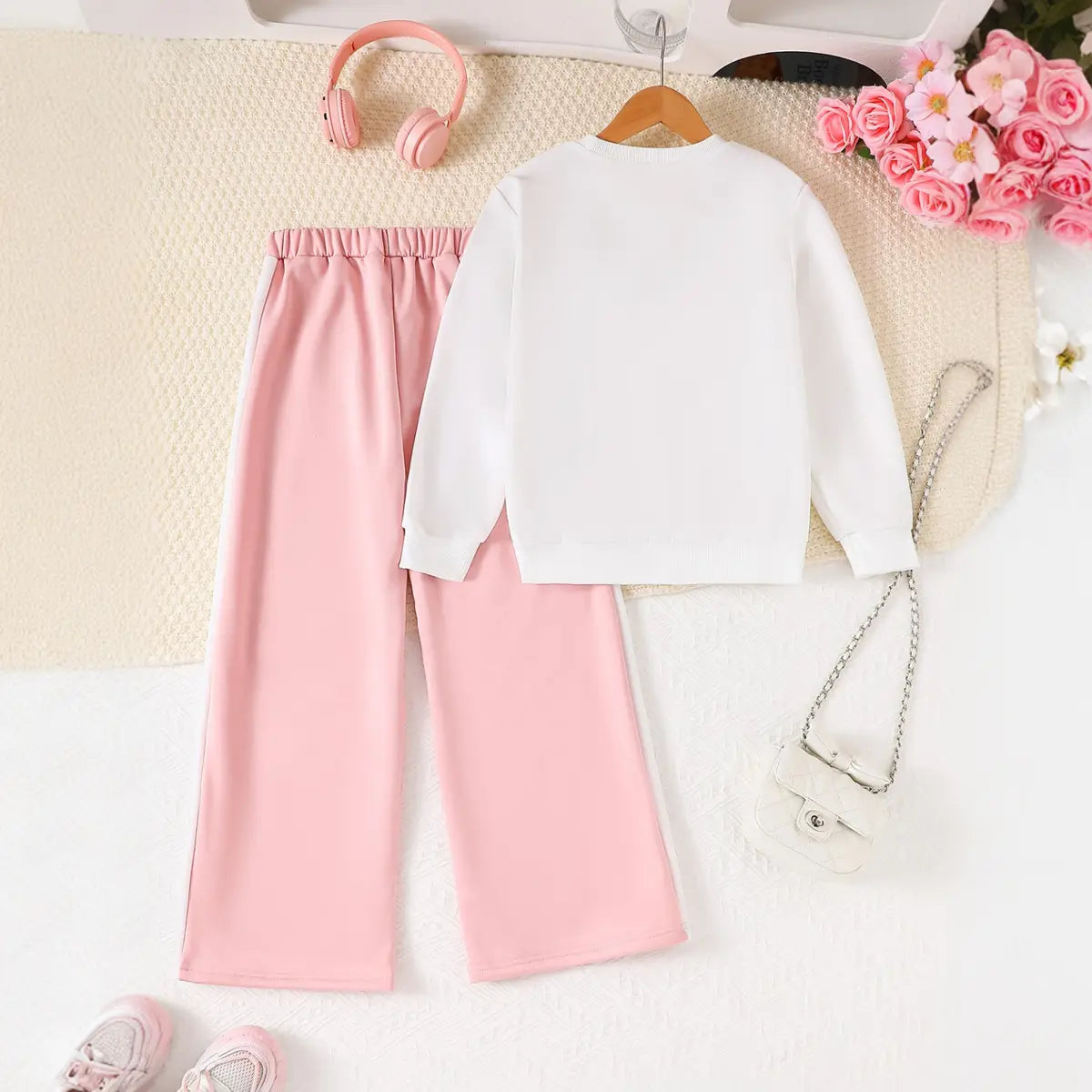 Girls White Bow Details Sweatshirt With Wide Leg Pant Sets Sets