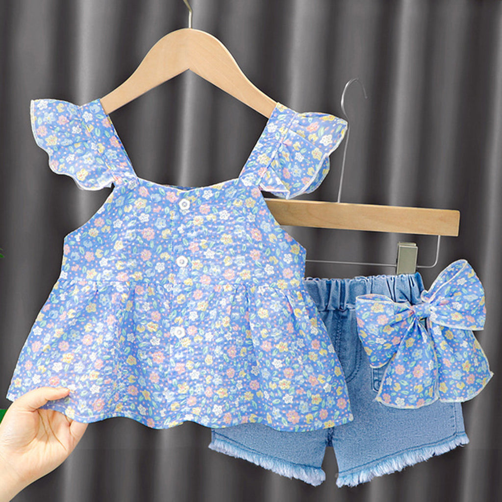 Girls Light Blue Floral Printed Sleeveless Top With Denim Shorts Sets Light Blue 1-2 Y 