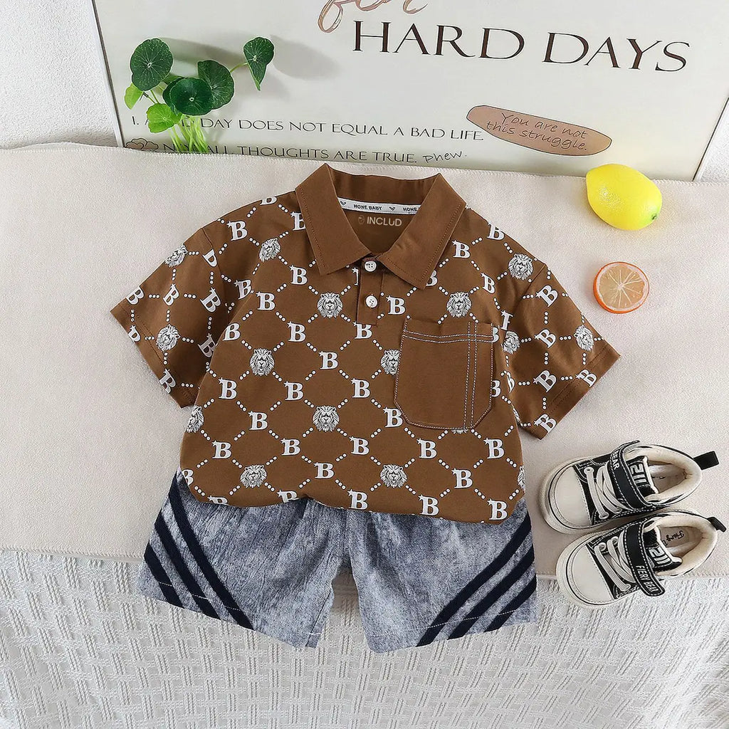 Boys Brown Lion Printed Short Sleeve Polo T-Shirt With Denim Shorts Sets 2 pc. Sets Brown 1-2 Y