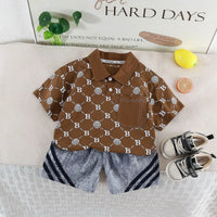 Boys Brown Lion Printed Short Sleeve Polo T-Shirt With Denim Shorts Sets 2 pc. Sets Brown 1-2 Y