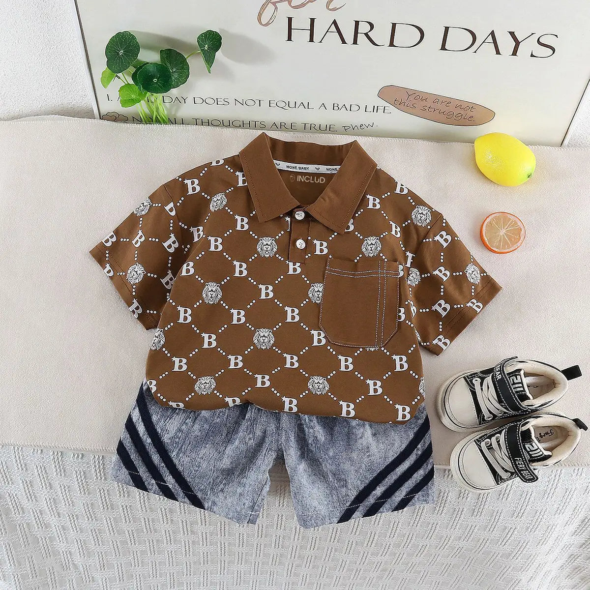Boys Brown Lion Printed Short Sleeve Polo T-Shirt With Denim Shorts Sets 2 pc. Sets Brown 1-2 Y