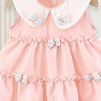 Girls Pink Peter Pan Collar Tiered Dress With Bow Details Casual Dresses