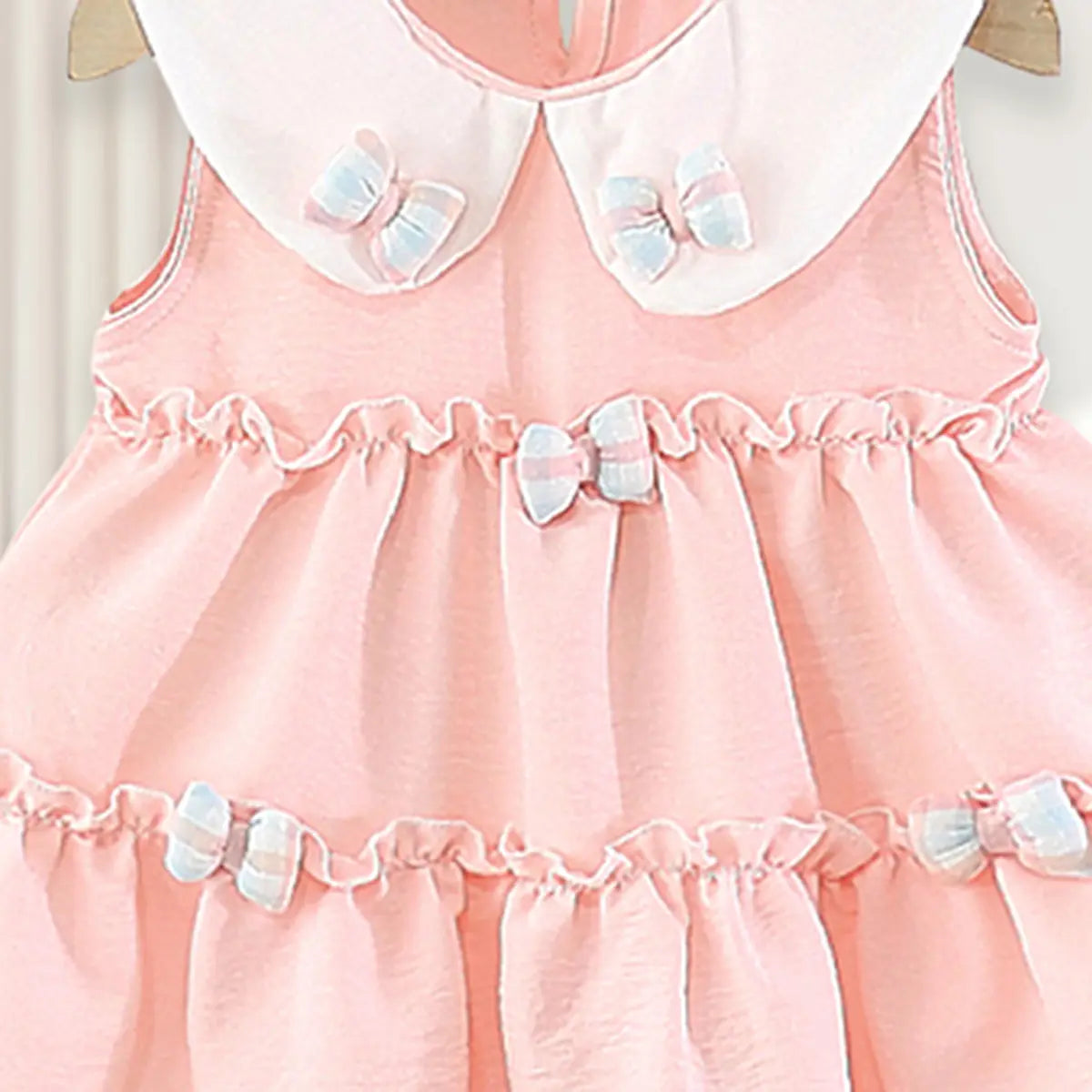 Girls Pink Peter Pan Collar Tiered Dress With Bow Details Casual Dresses