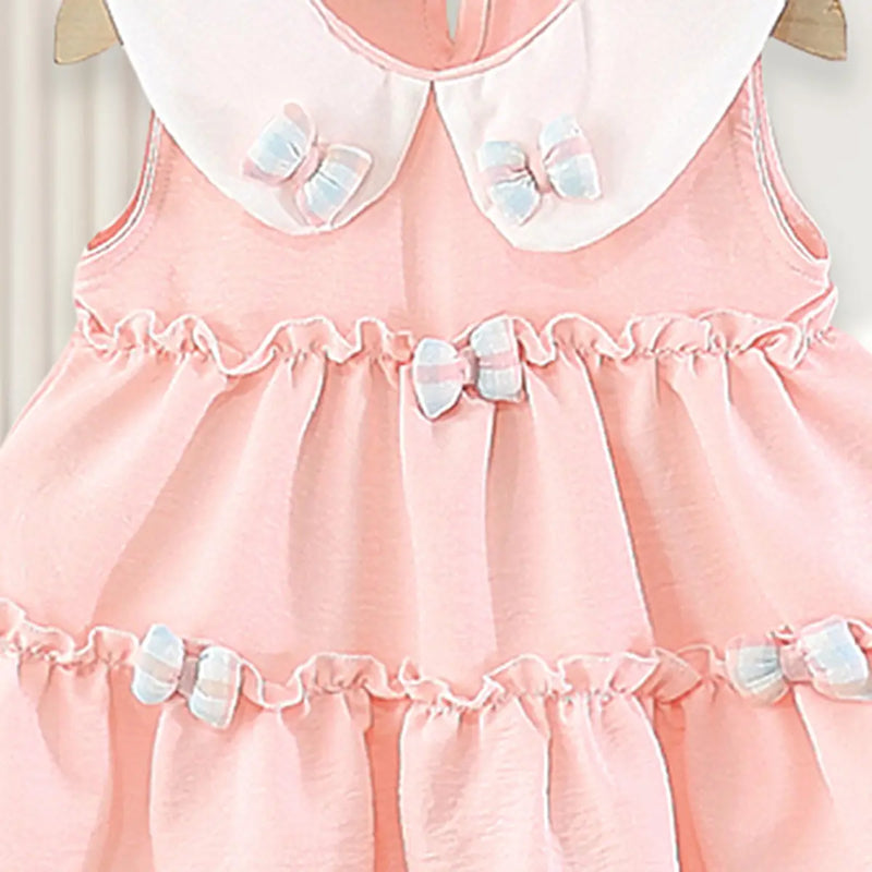 Girls Pink Peter Pan Collar Tiered Dress With Bow Details Casual Dresses