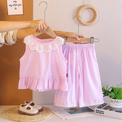 Girls Purple Sleeveless Ruffled Top With Pants Sets Sets Purple 1-2 Y