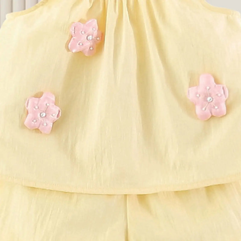 Girls Yellow Flower Applique Ruffle Top With Elasticated Shorts Sets 2 pc. Sets