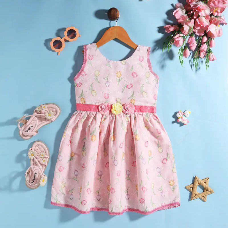 Girls Pink Floral Fit & Flare Schiffli Dress With flower Satin Belt Casual Dresses Pink 3-4 Y