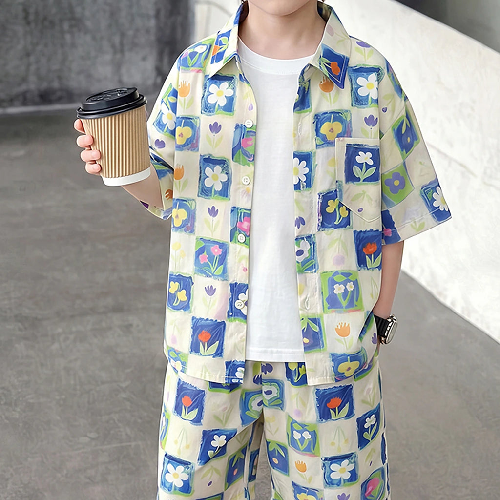 Boys Cream Floral Print Shirt Short Sleeve With Shorts Sets 2 pc. Sets