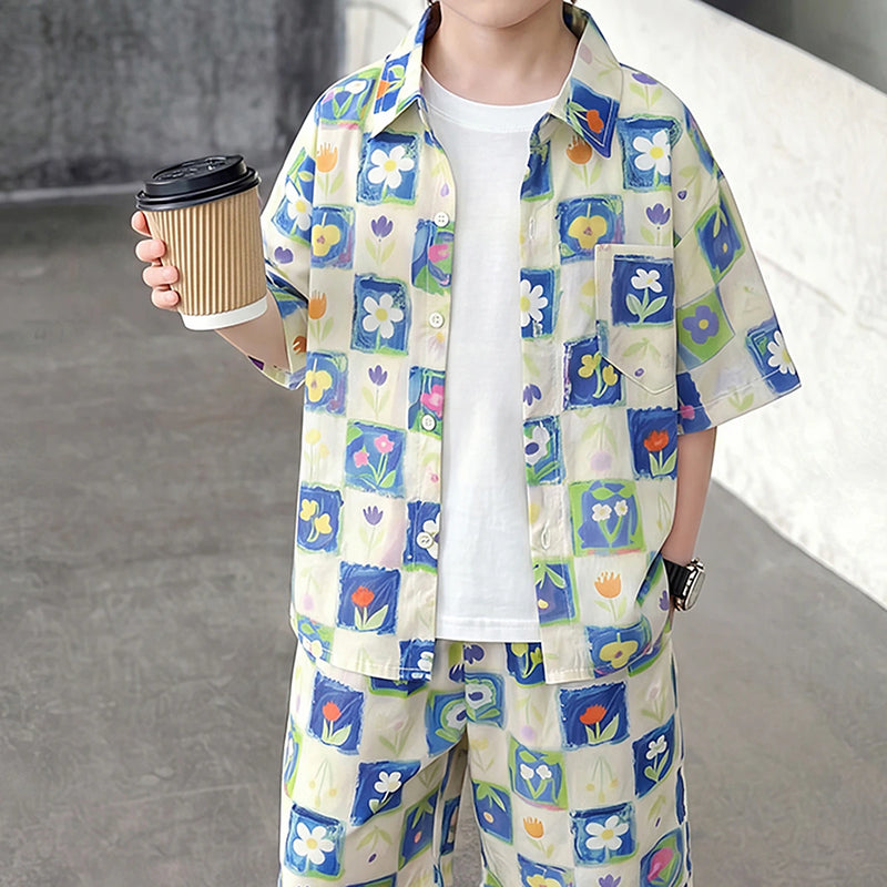 Boys Cream Floral Print Shirt Short Sleeve With Shorts Sets 2 pc. Sets