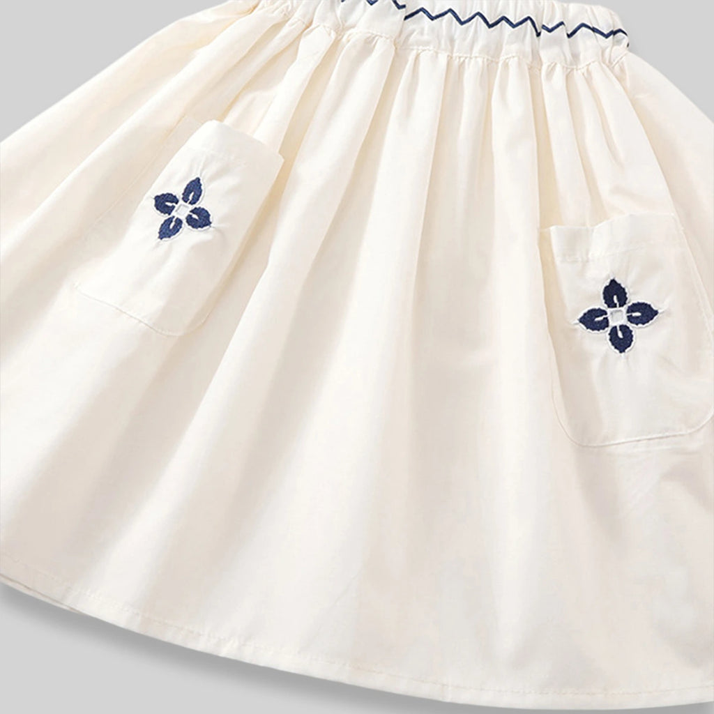 Girls Off White Sleeveless Embroidered Top With Skirt Sets Sets