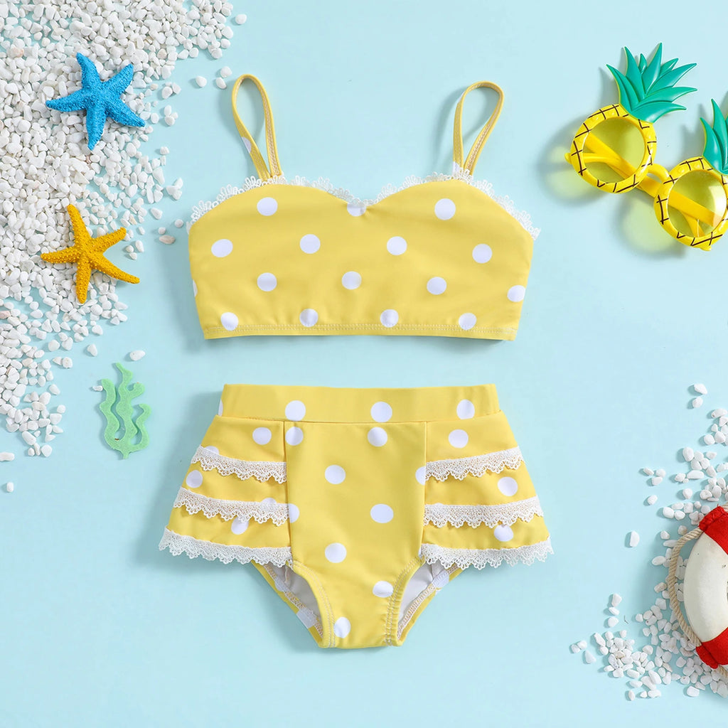 Girls Yellow Polka Dot Top & Briefs With Lace Tims Two-Piece Swimwear Sets Sets Yellow 1-2 Y