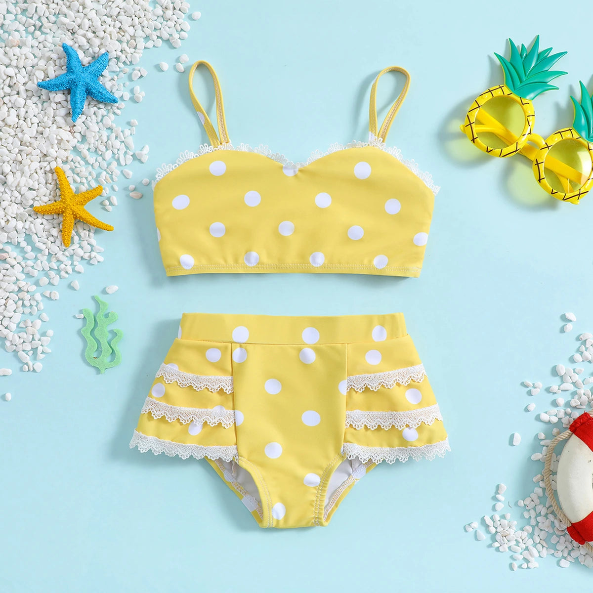Girls Yellow Polka Dot Top & Briefs With Lace Tims Two-Piece Swimwear Sets Sets Yellow 1-2 Y