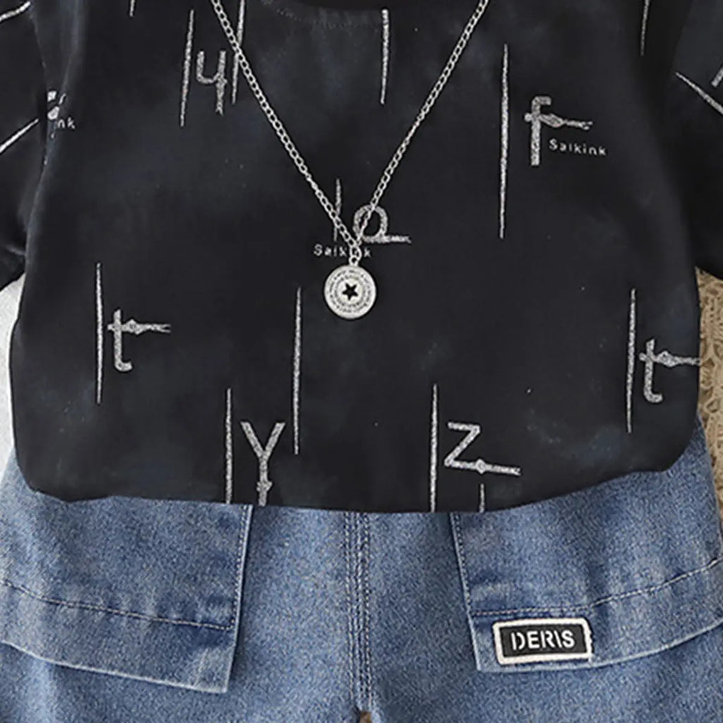 Boys Black Typographic Printed Short Sleeves T-Shirt With Denim Shorts Sets 2 pc. Sets