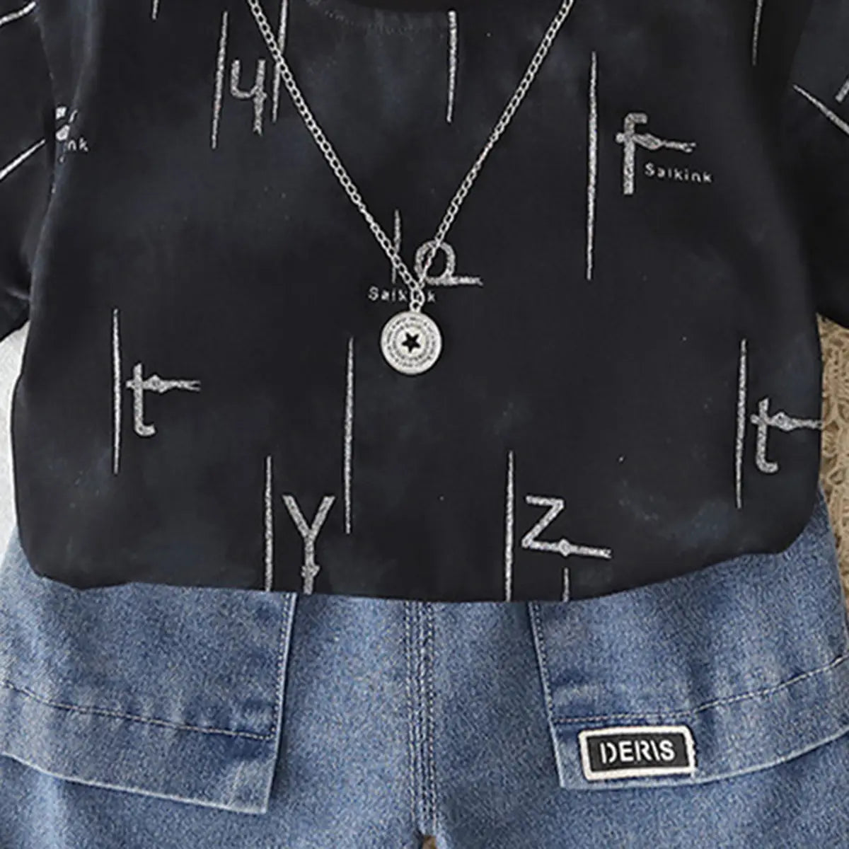 Boys Black Typographic Printed Short Sleeves T-Shirt With Denim Shorts Sets 2 pc. Sets