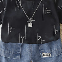 Boys Black Typographic Printed Short Sleeves T-Shirt With Denim Shorts Sets 2 pc. Sets