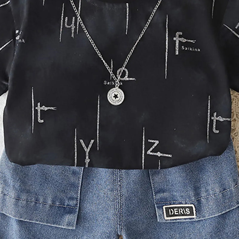 Boys Black Typographic Printed Short Sleeves T-Shirt With Denim Shorts Sets 2 pc. Sets