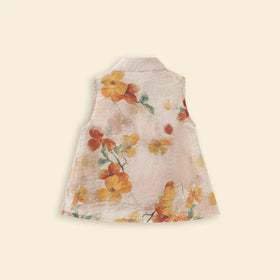 Girls Beige Floral Print Sleeveless Top With Pants Set Sets