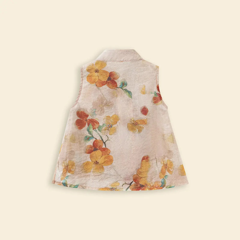 Girls Beige Floral Print Sleeveless Top With Pants Set Sets