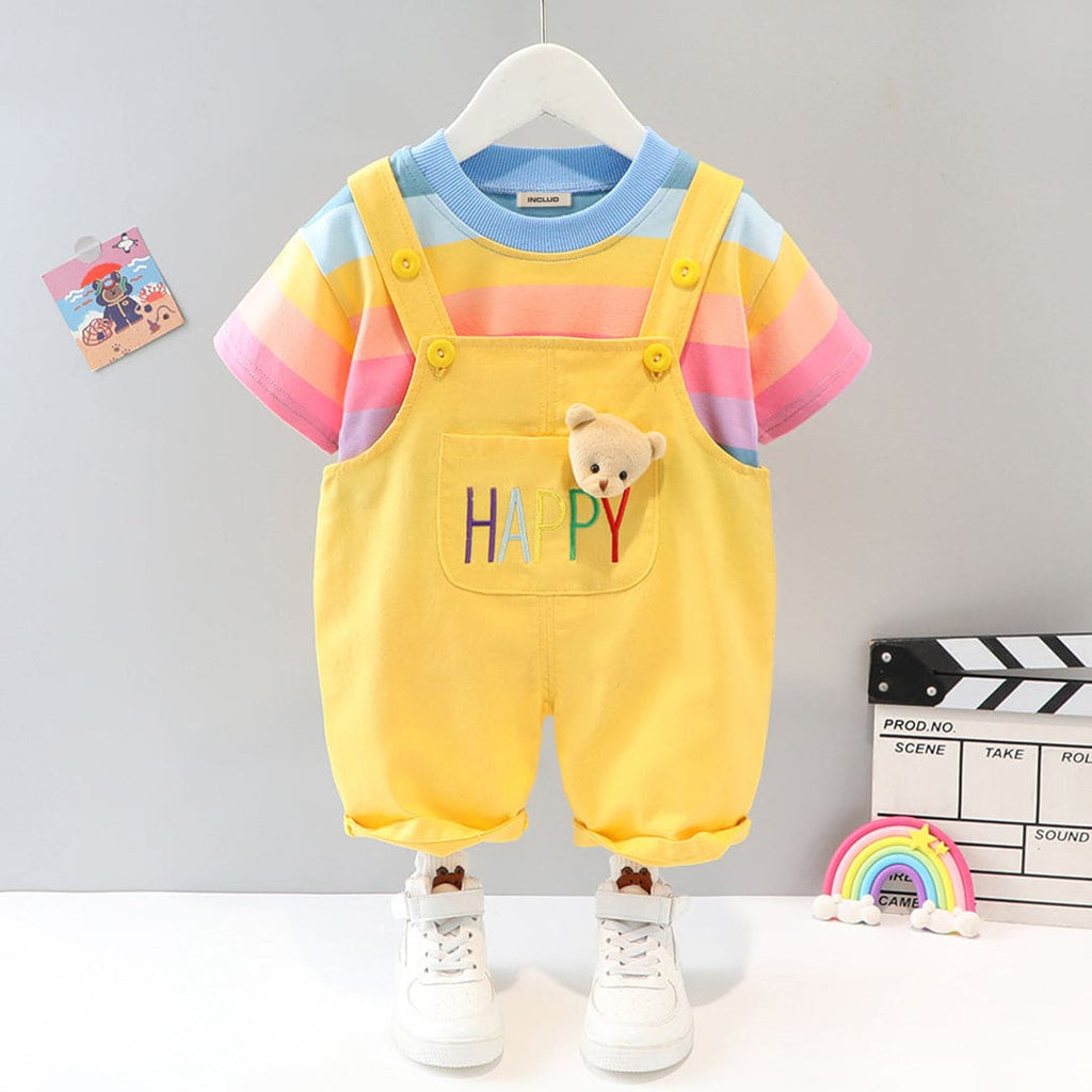 Boys Multi Color Stripe T-Shirt With Dungaree Set