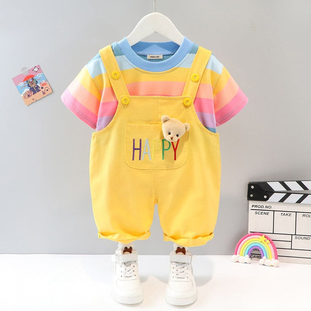 Boys Multi Color Stripe T-Shirt With Yellow Dungaree Set 2 pc. Sets Yellow 1-2 Y 